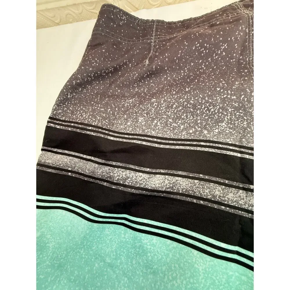 SKU2522 Burnside Men Size 34 Gray Aqua Striped Board Shorts with Surf Wax Comb